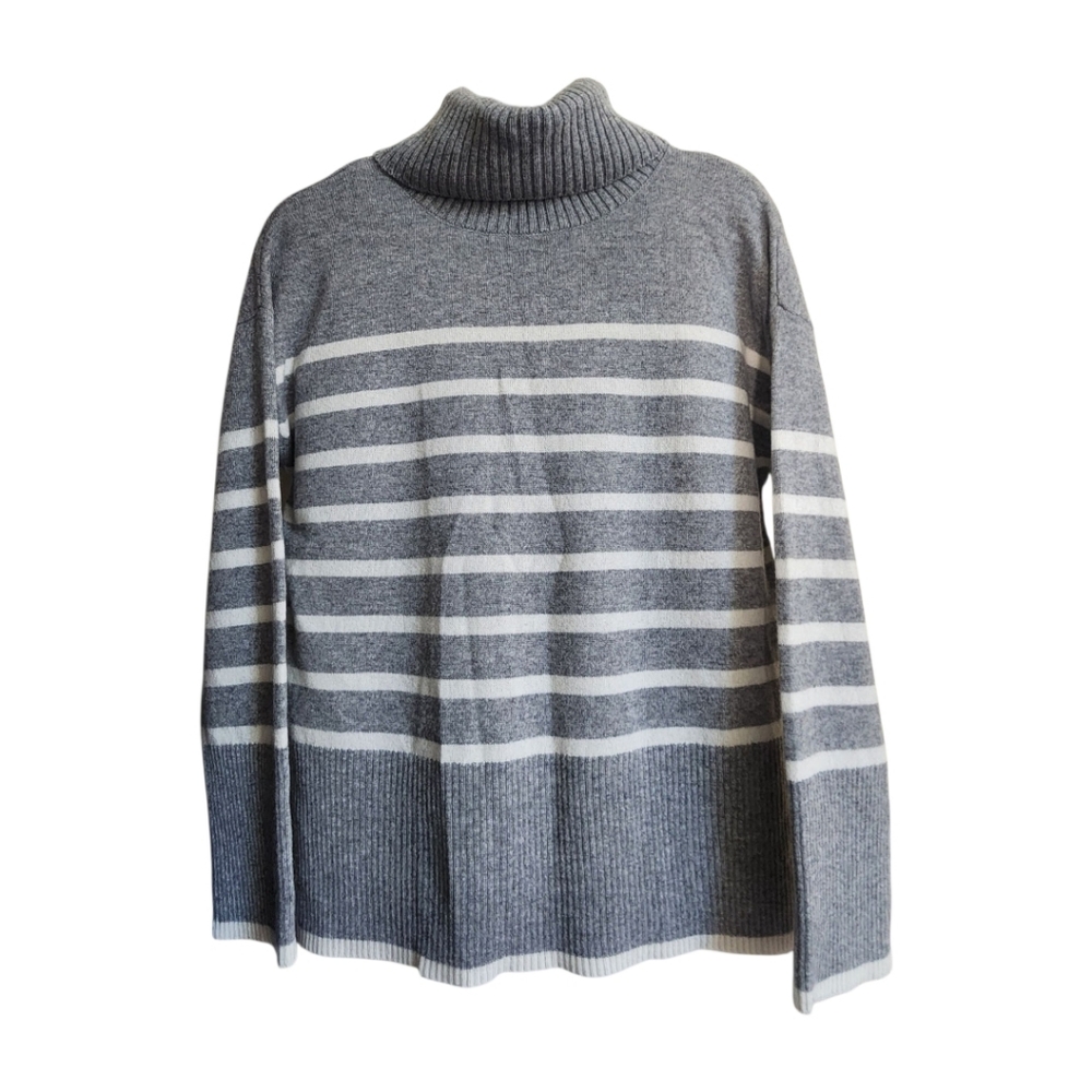 Saks Fifth Avenue 100% Cashmere Turtleneck Sweater Gray White Striped M US/CA...
